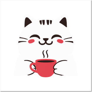 Cute Happy Cat Sipping Coffee Adorable Feline Lover Posters and Art